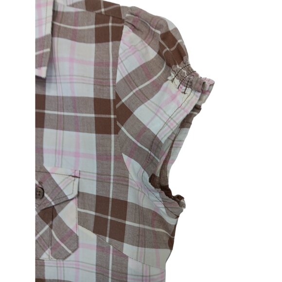 SO Women's Plaid Short Sleeve-Button down Shirt- MEDIUM -Brown-White-Pink - Picture 8 of 16